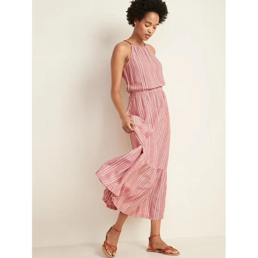 Old Navy Womens Waist Defined Braided Dobby Stripe Maxi Sundress S Boho Chic